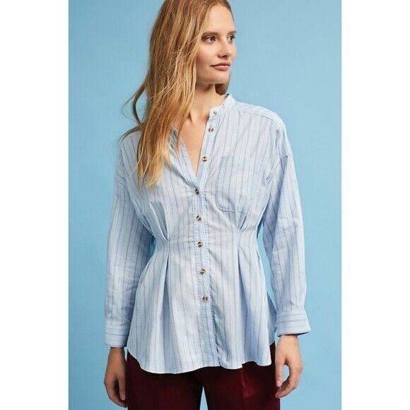 Anthropologie Tops - Anthropologie Maeve Benna Top - Blue Pin Stripe Peplum Button Down Shirt